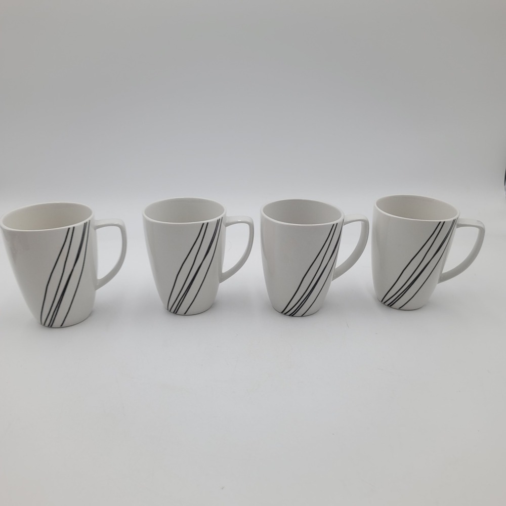 4pc Corelle Coordinates Simple Lines Porcelain Coffee Mugs Set Black White